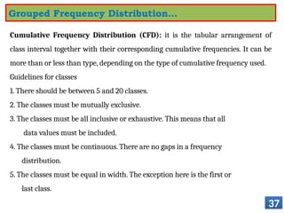 Cumulative Frequency Distribution (CFD): it is the tabular arrangement of
class interval together with their corresponding cumulative frequencies. It can be
more than or less than type, depending on the type of cumulative frequency used.
Guidelines for classes
1. There should be between 5 and 20 classes.
2. The classes must be mutually exclusive.
3. The classes must be all inclusive or exhaustive. This means that all
data values must be included.
4. The classes must be continuous. There are no gaps in a frequency
distribution.
5. The classes must be equal in width. The exception here is the first or
last class.
37
Grouped Frequency Distribution…
 