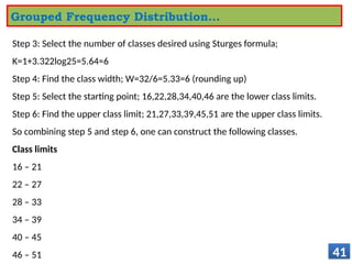 Step 3: Select the number of classes desired using Sturges formula;
K=1+3.322log25=5.64≈6
Step 4: Find the class width; W=32/6=5.33=6 (rounding up)
Step 5: Select the starting point; 16,22,28,34,40,46 are the lower class limits.
Step 6: Find the upper class limit; 21,27,33,39,45,51 are the upper class limits.
So combining step 5 and step 6, one can construct the following classes.
Class limits
16 – 21
22 – 27
28 – 33
34 – 39
40 – 45
46 – 51 41
Grouped Frequency Distribution…
 