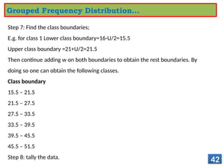 Step 7: Find the class boundaries;
E.g. for class 1 Lower class boundary=16-U/2=15.5
Upper class boundary =21+U/2=21.5
Then continue adding w on both boundaries to obtain the rest boundaries. By
doing so one can obtain the following classes.
Class boundary
15.5 – 21.5
21.5 – 27.5
27.5 – 33.5
33.5 – 39.5
39.5 – 45.5
45.5 – 51.5
Step 8: tally the data.
42
Grouped Frequency Distribution…
 