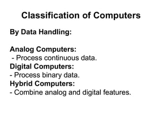 Classification of Computers
By Data Handling:
Analog Computers:
- Process continuous data.
Digital Computers:
- Process binary data.
Hybrid Computers:
- Combine analog and digital features.
 