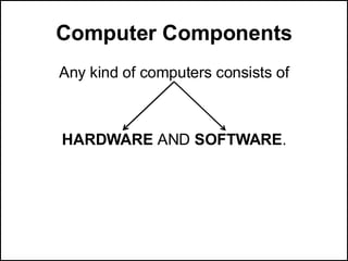 Computer Components
Any kind of computers consists of
HARDWARE AND SOFTWARE.
 