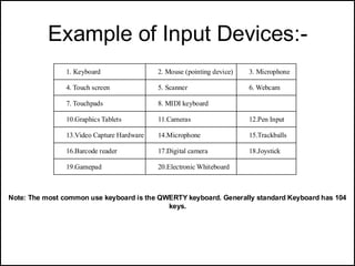 Example of Input Devices:-
1. Keyboard 2. Mouse (pointing device) 3. Microphone
4. Touch screen 5. Scanner 6. Webcam
7. Touchpads 8. MIDI keyboard
10.Graphics Tablets 11.Cameras 12.Pen Input
13.Video Capture Hardware 14.Microphone 15.Trackballs
16.Barcode reader 17.Digital camera 18.Joystick
19.Gamepad 20.Electronic Whiteboard
Note: The most common use keyboard is the QWERTY keyboard. Generally standard Keyboard has 104
keys.
 
