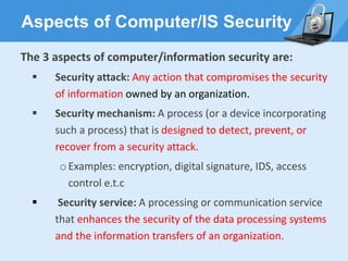 Aspects of Computer/IS Security
The 3 aspects of computer/information security are:
▪ Security attack: Any action that compromises the security
of information owned by an organization.
▪ Security mechanism: A process (or a device incorporating
such a process) that is designed to detect, prevent, or
recover from a security attack.
oExamples: encryption, digital signature, IDS, access
control e.t.c
▪ Security service: A processing or communication service
that enhances the security of the data processing systems
and the information transfers of an organization.
 