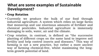 What are some examples of Sustainable
Development?
• Crop Rotation
• Currently we produce the bulk of our food through
industrial agriculture. A system which relies on large farms
that monocrop and use enormous amounts of fertilizer and
chemical pesticides. Industrial agriculture is immensely
damaging to soils, water, air and the climate.
• Crop rotation, in contrast, is defined as “the successive
planting of different crops on the same land to improve soil
fertility and help control insects and diseases.” This way of
farming is not a new practice, but rather a more ancient
way of farming chemical-free, whilst maximizing the long-
term growth potential of land.
 