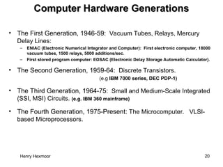 Henry Hexmoor 20
Computer Hardware Generations
Computer Hardware Generations
• The First Generation, 1946-59: Vacuum Tubes, Relays, Mercury
Delay Lines:
– ENIAC (Electronic Numerical Integrator and Computer): First electronic computer, 18000
vacuum tubes, 1500 relays, 5000 additions/sec.
– First stored program computer: EDSAC (Electronic Delay Storage Automatic Calculator).
• The Second Generation, 1959-64: Discrete Transistors.
(e.g IBM 7000 series, DEC PDP-1)
• The Third Generation, 1964-75: Small and Medium-Scale Integrated
(SSI, MSI) Circuits. (e.g. IBM 360 mainframe)
• The Fourth Generation, 1975-Present: The Microcomputer. VLSI-
based Microprocessors.
 