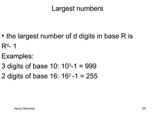Henry Hexmoor 25
Largest numbers
• the largest number of d digits in base R is
Rd
- 1
Examples:
3 digits of base 10: 103
-1 = 999
2 digits of base 16: 162
-1 = 255
 