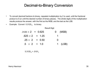 Henry Hexmoor 30
Decimal-to-Binary Conversion
Decimal-to-Binary Conversion
• To convert decimal fractions to binary, repeated multiplication by 2 is used, until the fractional
product is 0 (or until the desired number of binary places). The whole digits of the multiplication
results produce the answer, with the first as the MSB, and the last as the LSB.
• Example: Convert 0.312510 to binary
Result Digit
.3125  2 = 0.625 0 (MSB)
.625  2 = 1.25 1
.25  2 = 0.50 0
.5  2 = 1.0 1 (LSB)
0.312510 = .01012
 