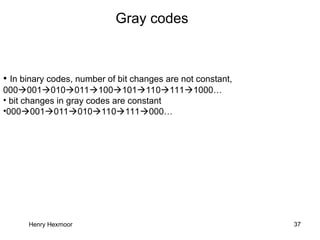 Henry Hexmoor 37
Gray codes
• In binary codes, number of bit changes are not constant,
0000010100111001011101111000…
• bit changes in gray codes are constant
•000001011010110111000…
 