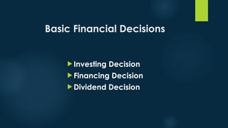 Basic Financial Decisions
 Investing Decision
 Financing Decision
 Dividend Decision
 