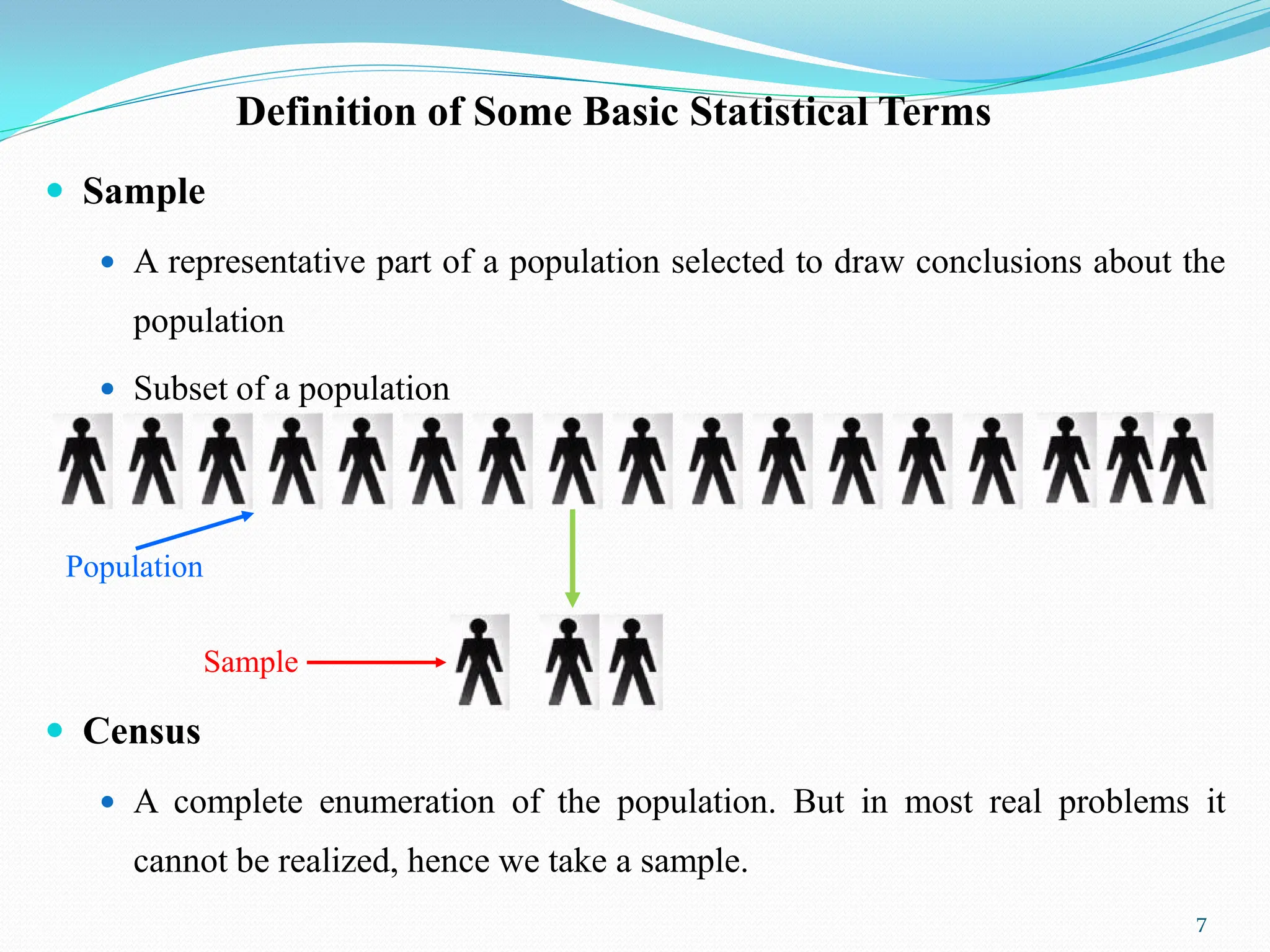 Definition of Some Basic Statistical Terms
 Sample
 A representative part of a population selected to draw conclusions about the
population
 Subset of a population
 Census
 A complete enumeration of the population. But in most real problems it
cannot be realized, hence we take a sample.
7
Population
Sample
 