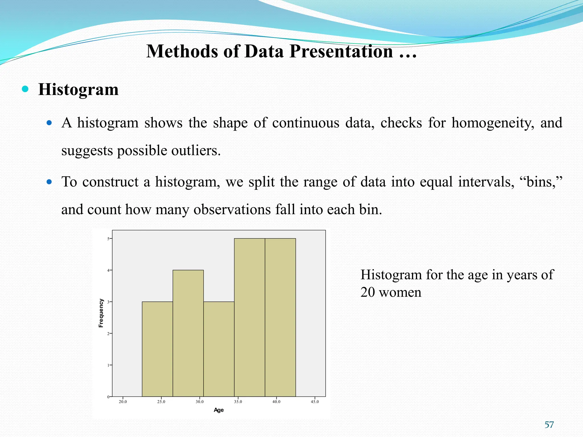 Methods of Data Presentation …
 Histogram
 A histogram shows the shape of continuous data, checks for homogeneity, and
suggests possible outliers.
 To construct a histogram, we split the range of data into equal intervals, “bins,”
and count how many observations fall into each bin.
57
Histogram for the age in years of
20 women
 