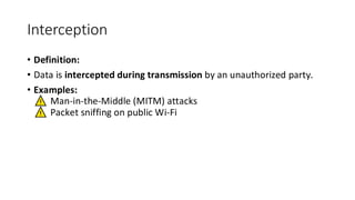 Interception
• Definition:
• Data is intercepted during transmission by an unauthorized party.
• Examples:
Man-in-the-Middle (MITM) attacks
Packet sniffing on public Wi-Fi
 