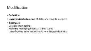 Modification
• Definition:
• Unauthorized alteration of data, affecting its integrity.
• Examples:
Database tampering
Malware modifying financial transactions
Unauthorized edits in Electronic Health Records (EHRs)
 