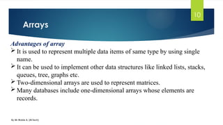 Arrays
By Mr Wubie A. (M.Tech)
10
Advantages of array
 It is used to represent multiple data items of same type by using single
name.
 It can be used to implement other data structures like linked lists, stacks,
queues, tree, graphs etc.
 Two-dimensional arrays are used to represent matrices.
 Many databases include one-dimensional arrays whose elements are
records.
 