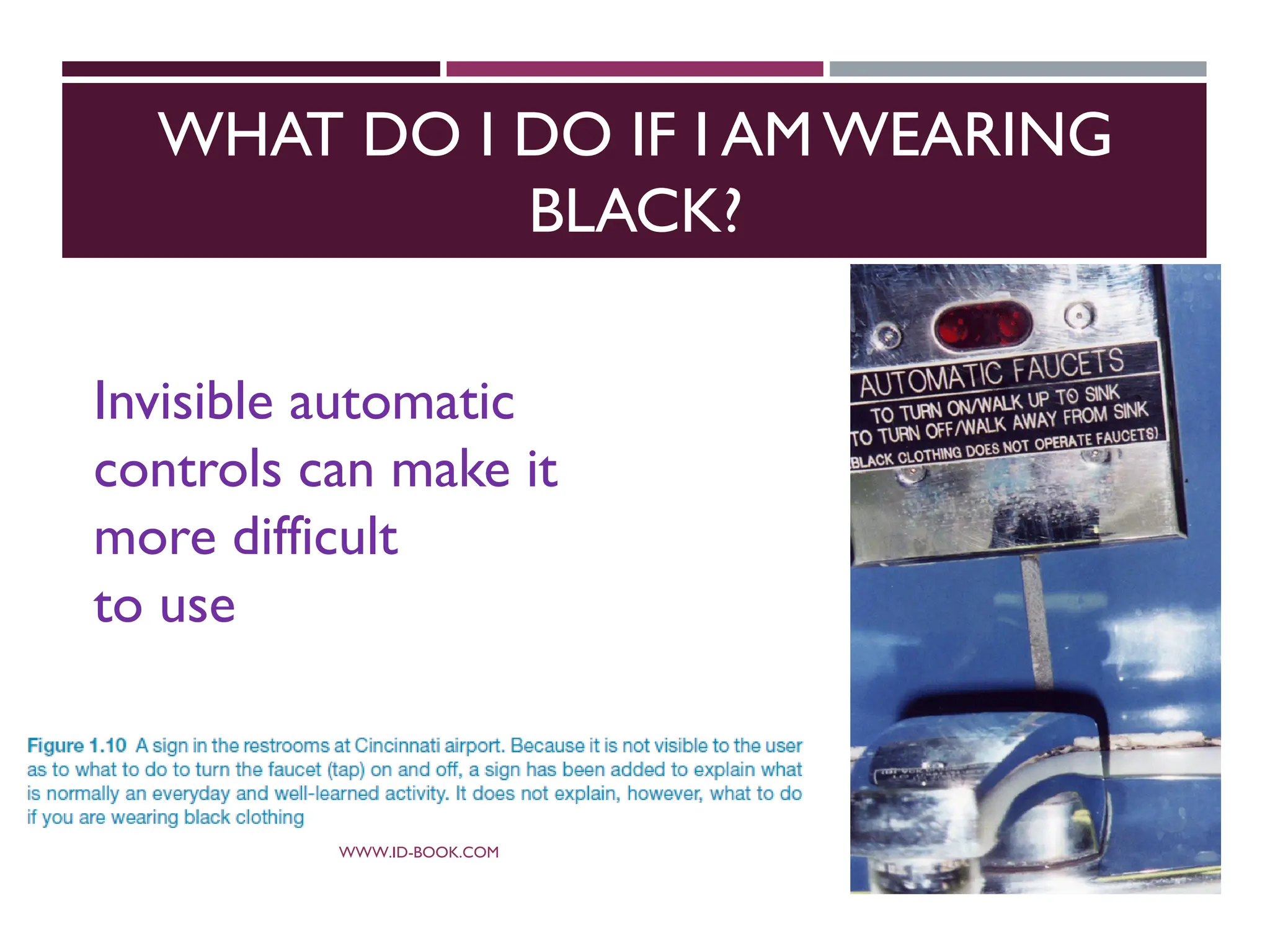WHAT DO I DO IF I AM WEARING
BLACK?
Invisible automatic
controls can make it
more difficult
to use
WWW.ID-BOOK.COM 52
 