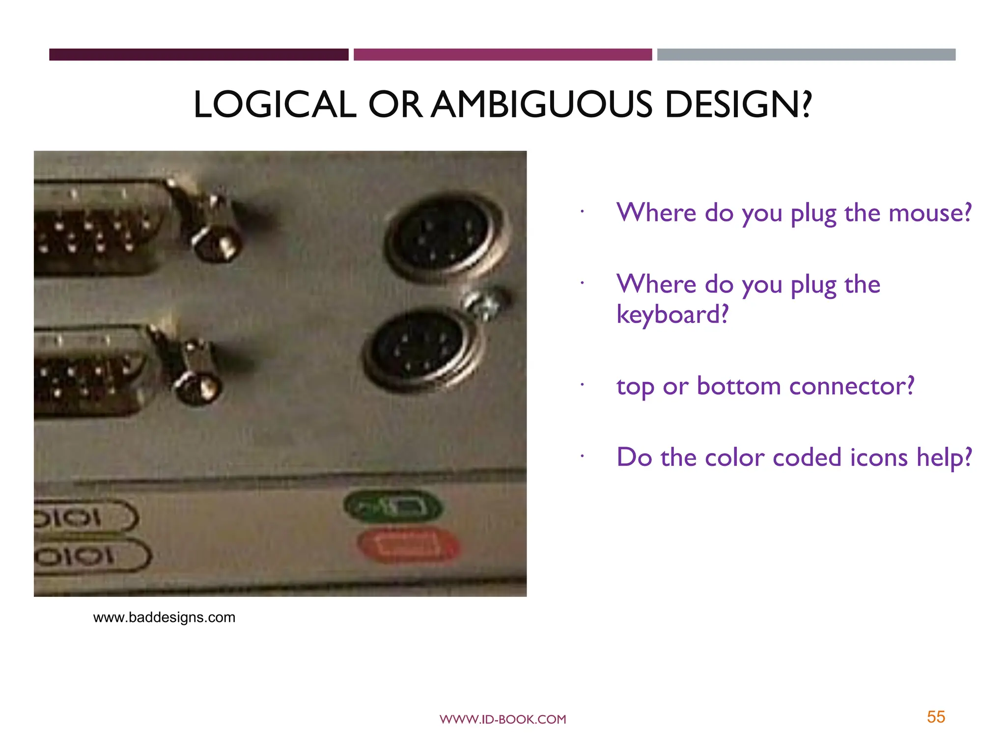 LOGICAL OR AMBIGUOUS DESIGN?
 Where do you plug the mouse?
 Where do you plug the
keyboard?
 top or bottom connector?
 Do the color coded icons help?
WWW.ID-BOOK.COM
www.baddesigns.com
55
 