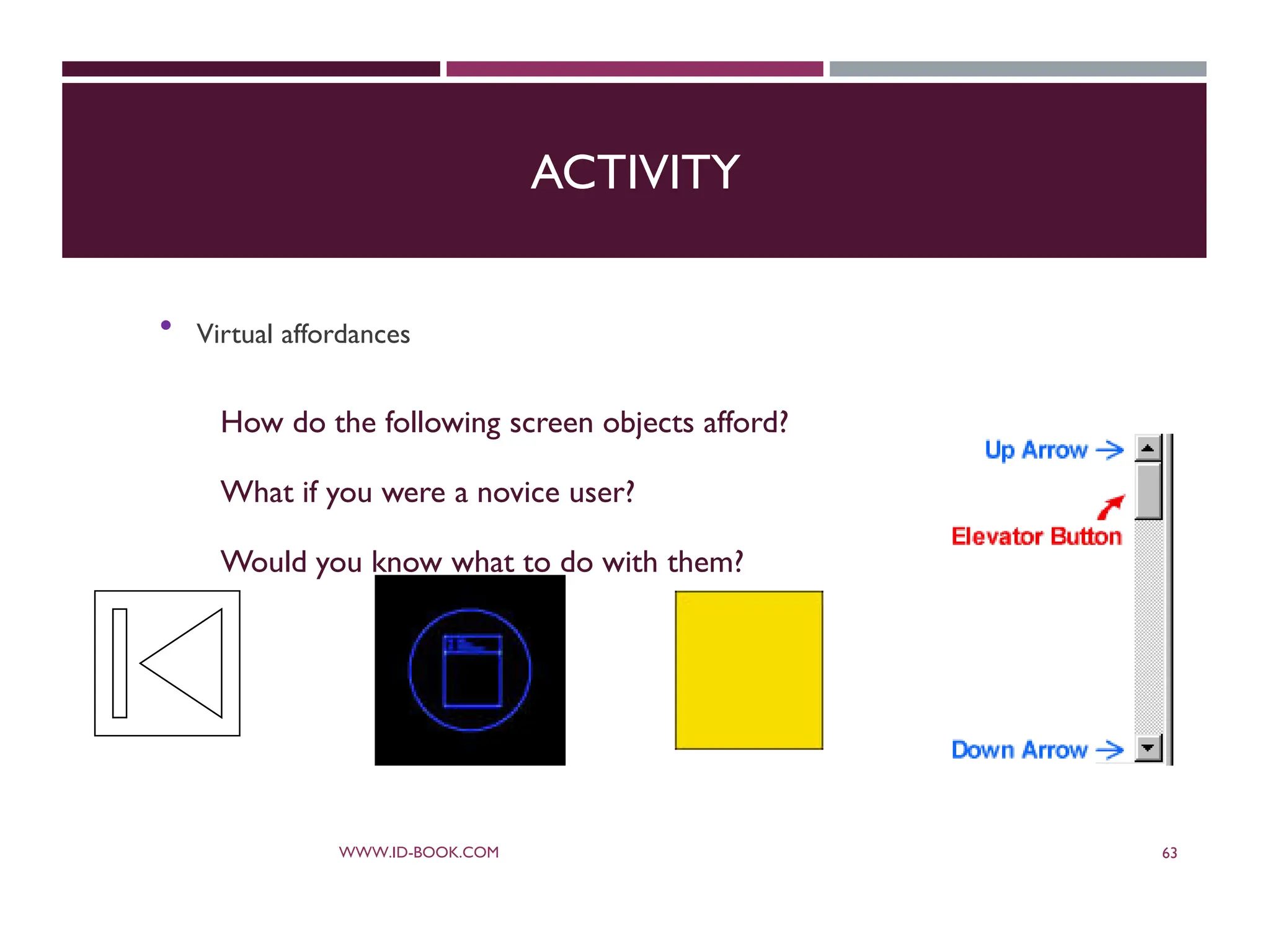 ACTIVITY
 Virtual affordances
How do the following screen objects afford?
What if you were a novice user?
Would you know what to do with them?
WWW.ID-BOOK.COM 63
 