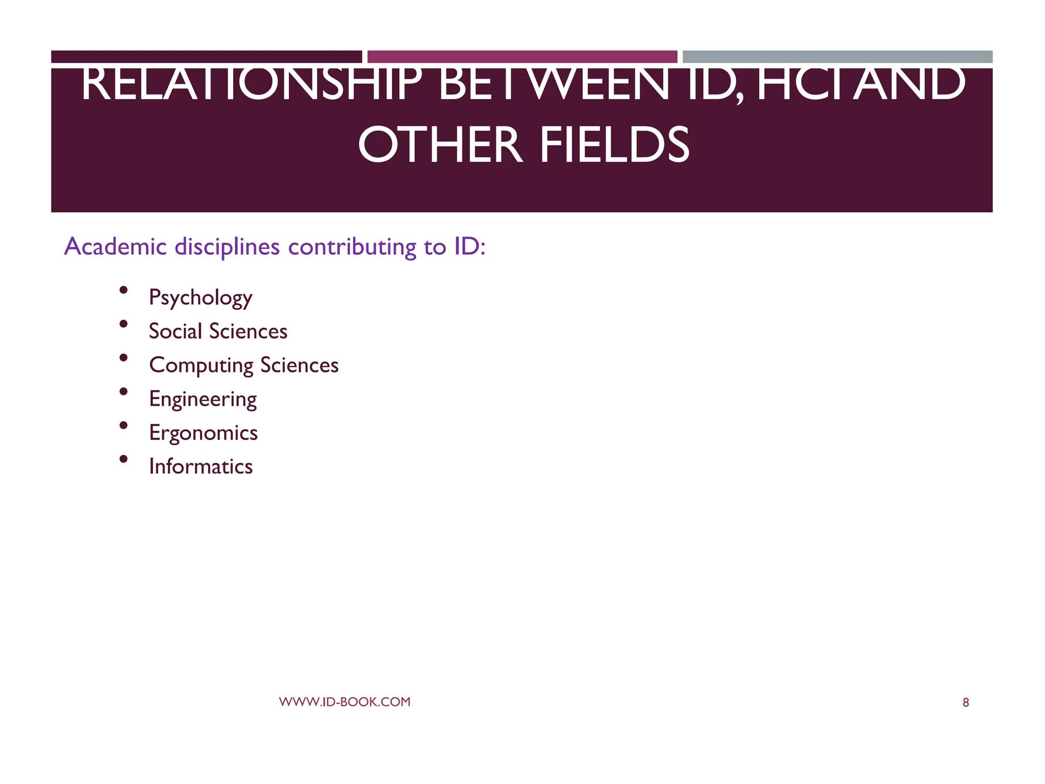 RELATIONSHIP BETWEEN ID, HCI AND
OTHER FIELDS
Academic disciplines contributing to ID:
 Psychology
 Social Sciences
 Computing Sciences
 Engineering
 Ergonomics
 Informatics
WWW.ID-BOOK.COM 8
 
