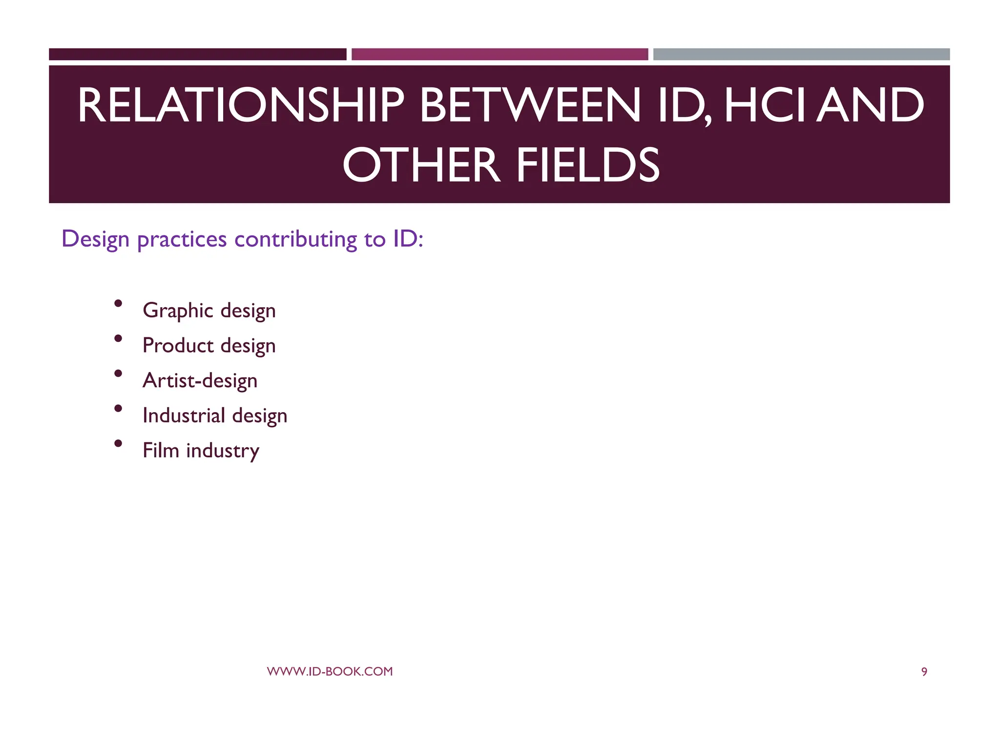RELATIONSHIP BETWEEN ID, HCI AND
OTHER FIELDS
Design practices contributing to ID:
 Graphic design
 Product design
 Artist-design
 Industrial design
 Film industry
WWW.ID-BOOK.COM 9
 