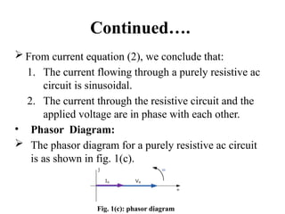 Continued….
 From current equation (2), we conclude that:
1. The current flowing through a purely resistive ac
circuit is sinusoidal.
2. The current through the resistive circuit and the
applied voltage are in phase with each other.
• Phasor Diagram:
 The phasor diagram for a purely resistive ac circuit
is as shown in fig. 1(c).
Fig. 1(c): phasor diagram
 