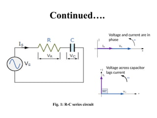 Continued….
Voltage and current are in
phase
Voltage across capacitor
lags current
Fig. 1: R-C series circuit
 