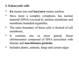 2. Eukaryotic cells
 Eu means true and karyoten means nucleus
 Have more a complex cytoplasm, has nuclear
material (DNA) covered by nuclear membrane and
membrane bounded organelles.
 The outer boundary of those cells is formed of cell
membrane,
 It contains one or more paired, linear
chromosomes composed of DNA associated with
histone and non-histones proteins
 Includes plants, animals, fungi and certain algae
 