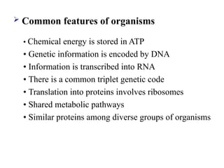  Common features of organisms
• Chemical energy is stored in ATP
• Genetic information is encoded by DNA
• Information is transcribed into RNA
• There is a common triplet genetic code
• Translation into proteins involves ribosomes
• Shared metabolic pathways
• Similar proteins among diverse groups of organisms
 
