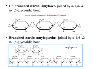  Un branched starch: amylose:- joined by α-1,4- &
α-1,6-glycosidic bond
 Branched starch: amylopectin:- joined by α-1,4- &
α-1,6-glycosidic bond
H O
OH
H
OH
H
OH
CH2OH
H
O H
H
OH
H
OH
CH2OH
H
O
H
H H O
O
H
OH
H
OH
CH2
H
H H O
H
OH
H
OH
CH2OH
H
OH
H
H O
O
H
OH
H
OH
CH2OH
H
O
H
O
1 4
6
H O
H
OH
H
OH
CH2OH
H
H H O
H
OH
H
OH
CH2OH
H
H
O
1
OH
3
4
5
2
amylopectin
 