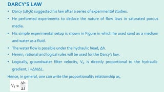 DARCY’S LAW
• Darcy (1856) suggested his law after a series of experimental studies.
• He performed experiments to deduce the nature of flow laws in saturated porous
media.
• His simple experimental setup is shown in Figure in which he used sand as a medium
and water as a fluid.
• The water flow is possible under the hydraulic head, ∆h.
• Herein, rational and logical rules will be used for the Darcy’s law.
• Logically, groundwater filter velocity, Vf, is directly proportional to the hydraulic
gradient, i =∆h/∆L.
Hence, in general, one can write the proportionality relationship as,
 