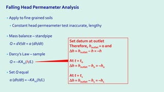 Falling Head Permeameter Analysis
• Apply to fine grained soils
• Constant head permeameter test inaccurate, lengthy
• Mass balance – standpipe
Q = dV/dt = a (dh/dt)
• Darcy’s Law – sample
Q = –KAxs(h/L)
• Set Q equal
a (dh/dt) = –KAxs(h/L)
Set datum at outlet
Therefore, houtlet = 0 and
∆h = houtlet – h = –h
At t = to
∆h = houtlet – ho = –ho
At t = t1
∆h = houtlet – h1 = –h1
 