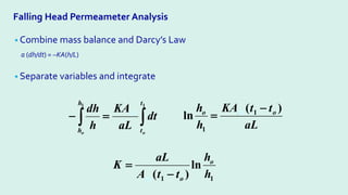 Falling Head Permeameter Analysis
• Combine mass balance and Darcy’s Law
a (dh/dt) = –KA(h/L)
• Separate variables and integrate
∫
∫ =
−
1
1 t
t
xs
h
h o
o
dt
aL
KA
h
dh
aL
t
t
KA
h
h o
xs
o )
(
ln 1
1
−
=
1
1
ln
)
( h
h
t
t
A
aL
K o
o
xs −
=
 