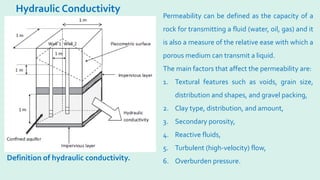 Hydraulic Conductivity
Definition of hydraulic conductivity.
Permeability can be defined as the capacity of a
rock for transmitting a fluid (water, oil, gas) and it
is also a measure of the relative ease with which a
porous medium can transmit a liquid.
The main factors that affect the permeability are:
1. Textural features such as voids, grain size,
distribution and shapes, and gravel packing,
2. Clay type, distribution, and amount,
3. Secondary porosity,
4. Reactive fluids,
5. Turbulent (high-velocity) flow,
6. Overburden pressure.
 