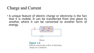 Charge and Current
• A unique feature of electric charge or electricity is the fact
that it is mobile. It can be transferred from one place to
another, where it can be converted to another form of
energy.
 