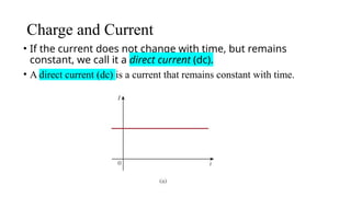Charge and Current
• If the current does not change with time, but remains
constant, we call it a direct current (dc).
• A direct current (dc) is a current that remains constant with time.
 