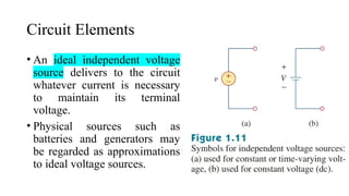 Circuit Elements
• An ideal independent voltage
source delivers to the circuit
whatever current is necessary
to maintain its terminal
voltage.
• Physical sources such as
batteries and generators may
be regarded as approximations
to ideal voltage sources.
 