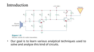 Introduction
• Our goal is to learn various analytical techniques used to
solve and analyze this kind of circuits.
 