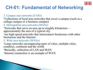 3. Campus area networks (CANs)
Collections of local area networks that cover a campus (such as a
college campus or a business campus)
4. Metropolitan area networks (MANs)
Networks that serve an area up to roughly kilometers—
approximately the area of a typical city.
are high-speed networks that interconnect businesses with other
businesses and the Internet.
5. Wide area networks (WANs)
Large networks encompassing parts of cities, multiple cities,
countries, continent and the world
Basically, collection of LAN and MAN.
Internet connection is an example of WAN
 