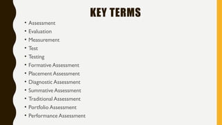 KEY TERMS
• Assessment
• Evaluation
• Measurement
• Test
• Testing
• Formative Assessment
• Placement Assessment
• Diagnostic Assessment
• Summative Assessment
• Traditional Assessment
• Portfolio Assessment
• Performance Assessment
 