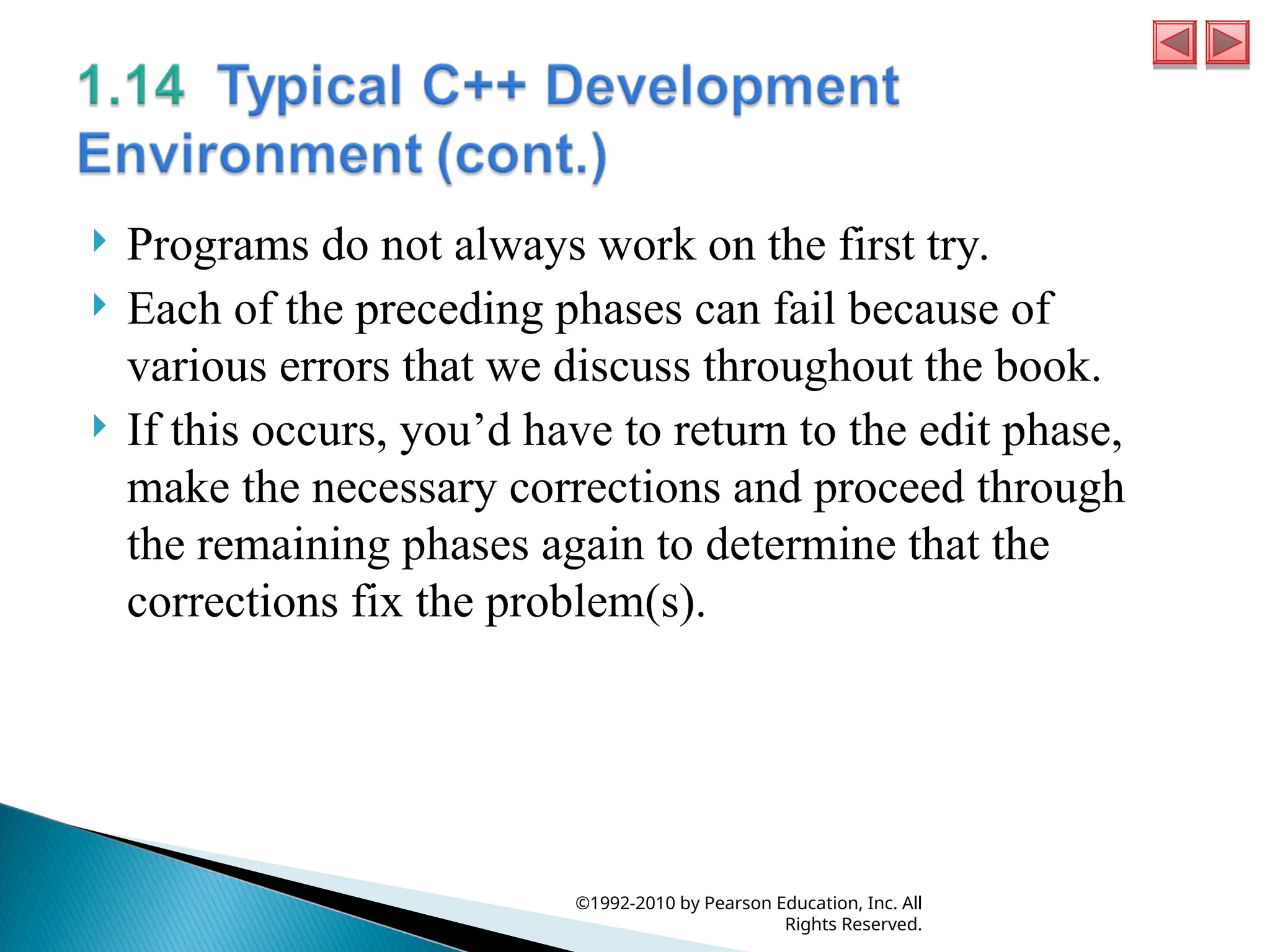  Programs do not always work on the first try.
 Each of the preceding phases can fail because of
various errors that we discuss throughout the book.
 If this occurs, you’d have to return to the edit phase,
make the necessary corrections and proceed through
the remaining phases again to determine that the
corrections fix the problem(s).
©1992-2010 by Pearson Education, Inc. All
Rights Reserved.
 