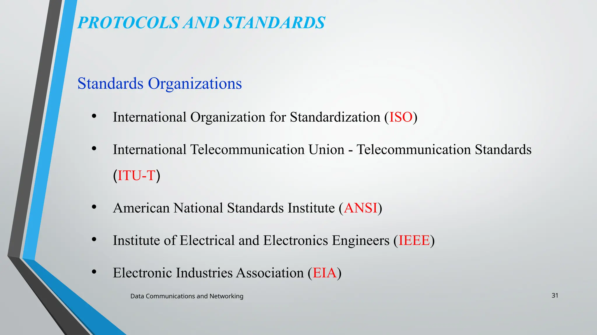 Data Communications and Networking 31
PROTOCOLS AND STANDARDS
Standards Organizations
• International Organization for Standardization (ISO)
• International Telecommunication Union - Telecommunication Standards
(ITU-T)
• American National Standards Institute (ANSI)
• Institute of Electrical and Electronics Engineers (IEEE)
• Electronic Industries Association (EIA)
 