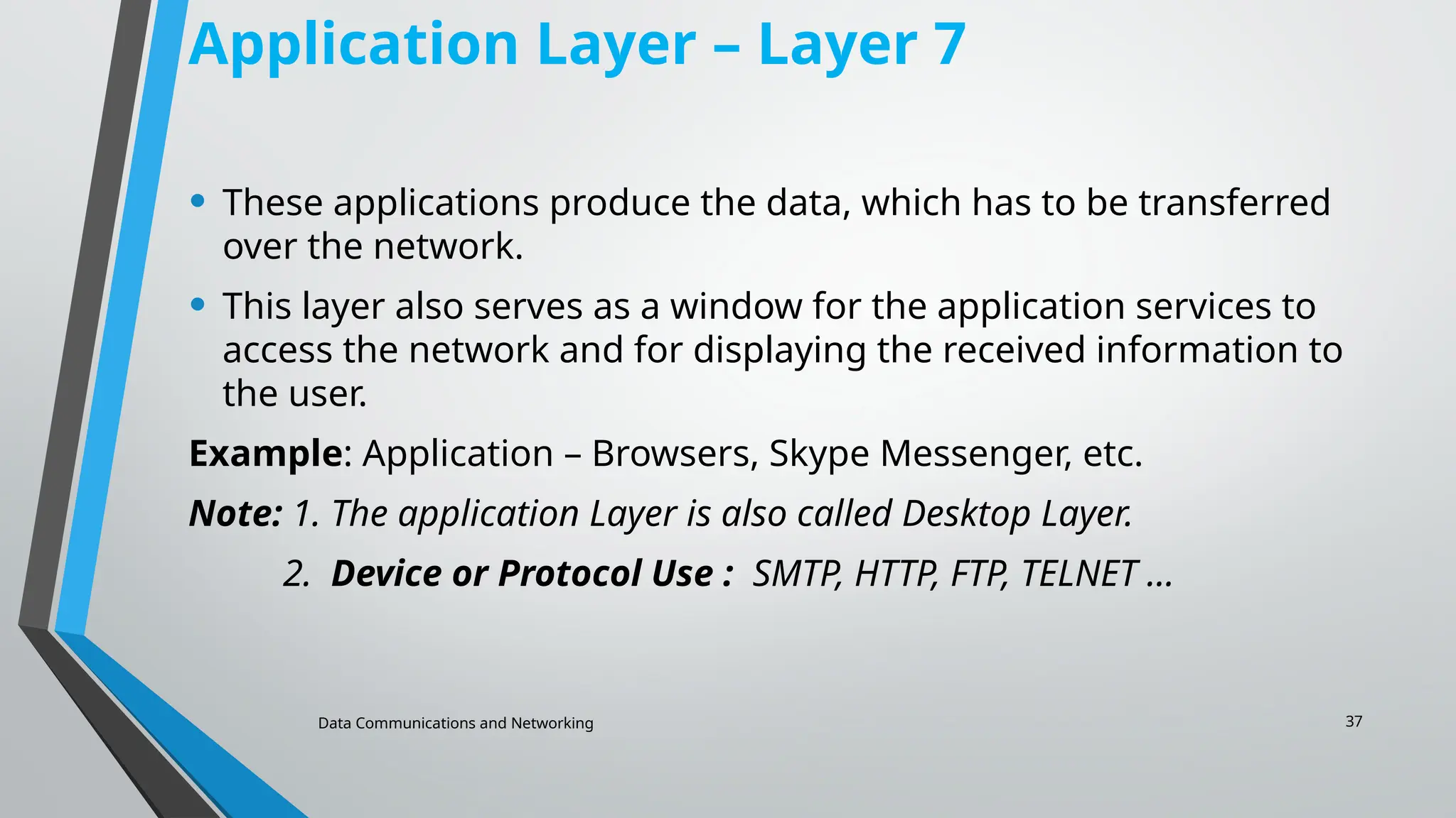 Data Communications and Networking 37
Application Layer – Layer 7
• These applications produce the data, which has to be transferred
over the network.
• This layer also serves as a window for the application services to
access the network and for displaying the received information to
the user.
Example: Application – Browsers, Skype Messenger, etc.
Note: 1. The application Layer is also called Desktop Layer.
2. Device or Protocol Use : SMTP, HTTP, FTP, TELNET …
 