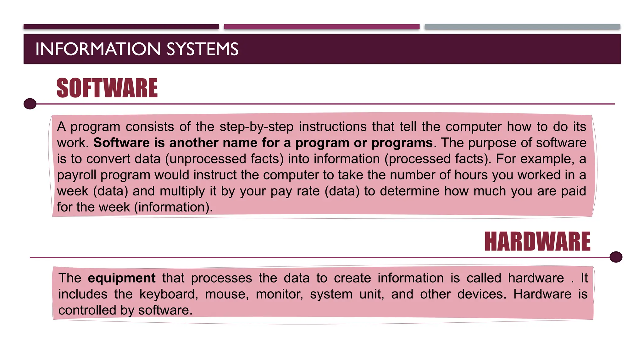 INFORMATION SYSTEMS
SOFTWARE
A program consists of the step-by-step instructions that tell the computer how to do its
work. Software is another name for a program or programs. The purpose of software
is to convert data (unprocessed facts) into information (processed facts). For example, a
payroll program would instruct the computer to take the number of hours you worked in a
week (data) and multiply it by your pay rate (data) to determine how much you are paid
for the week (information).
HARDWARE
The equipment that processes the data to create information is called hardware . It
includes the keyboard, mouse, monitor, system unit, and other devices. Hardware is
controlled by software.
 