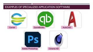 EXAMPLES OF SPECIALIZED APPLICATION SOFTWARE
Cerner QuickBooks AutoCAD
Adobe Photoshop Cinema 4D
 