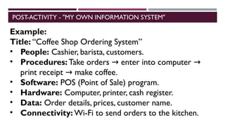 POST-ACTIVITY - "MY OWN INFORMATION SYSTEM"
Example:
Title: “Coffee Shop Ordering System”
• People: Cashier, barista, customers.
• Procedures: Take orders enter into computer
→ →
print receipt make coffee.
→
• Software: POS (Point of Sale) program.
• Hardware: Computer, printer, cash register.
• Data: Order details, prices, customer name.
• Connectivity: Wi-Fi to send orders to the kitchen.
 