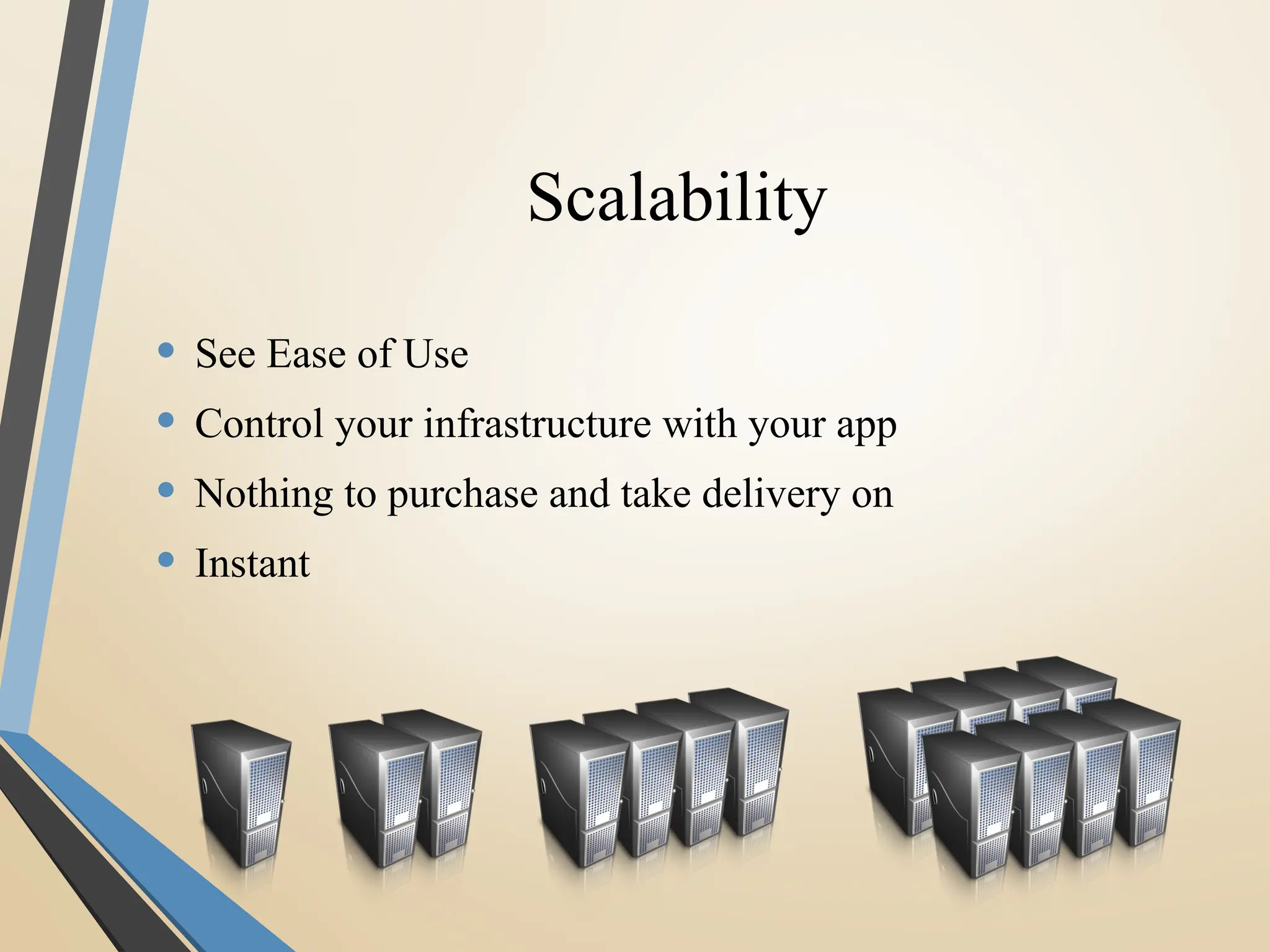 Scalability
• See Ease of Use
• Control your infrastructure with your app
• Nothing to purchase and take delivery on
• Instant
 