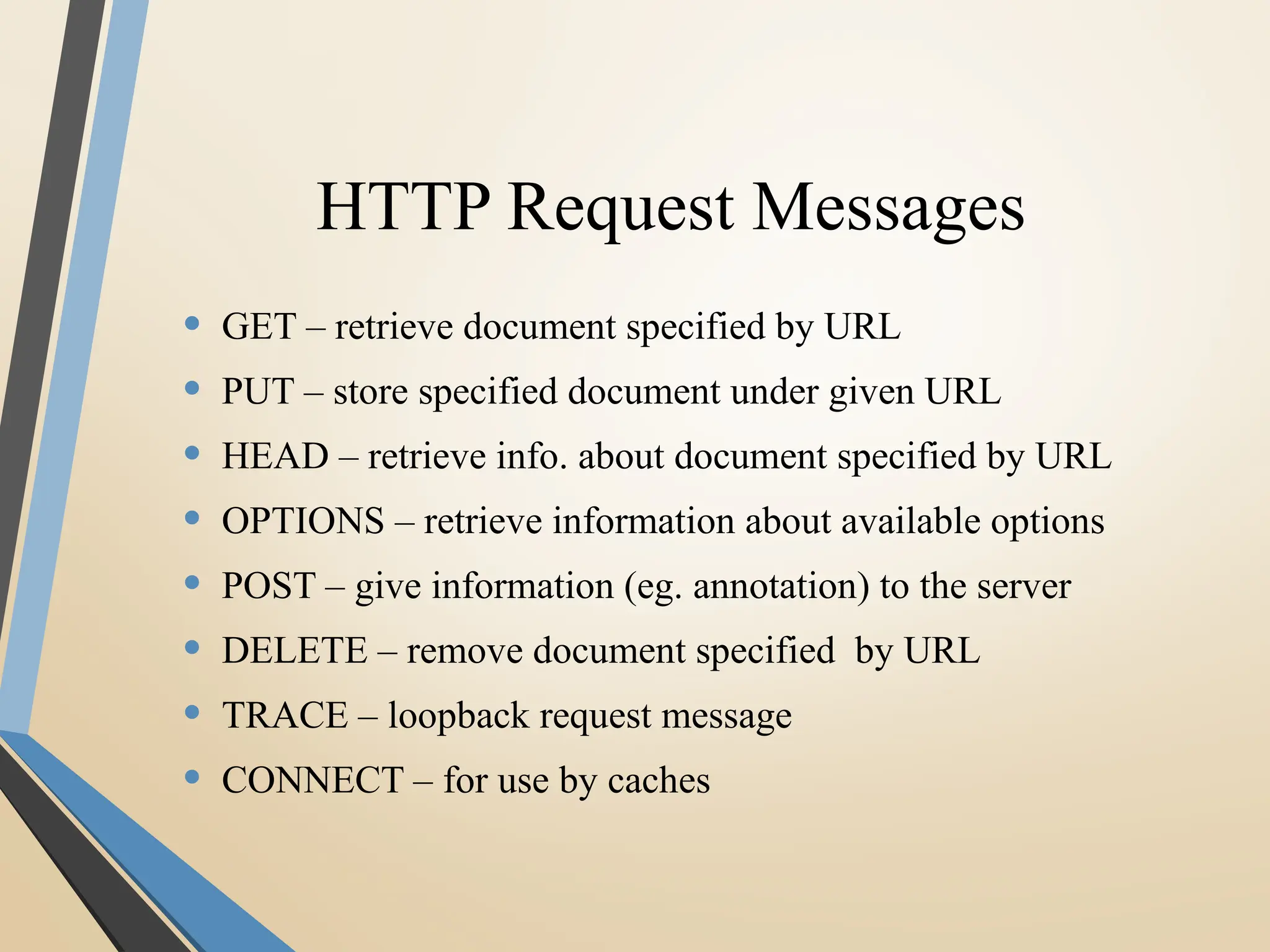 HTTP Request Messages
• GET – retrieve document specified by URL
• PUT – store specified document under given URL
• HEAD – retrieve info. about document specified by URL
• OPTIONS – retrieve information about available options
• POST – give information (eg. annotation) to the server
• DELETE – remove document specified by URL
• TRACE – loopback request message
• CONNECT – for use by caches
 