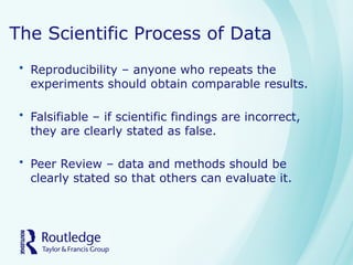 The Scientific Process of Data
• Reproducibility – anyone who repeats the
experiments should obtain comparable results.
• Falsifiable – if scientific findings are incorrect,
they are clearly stated as false.
• Peer Review – data and methods should be
clearly stated so that others can evaluate it.
 