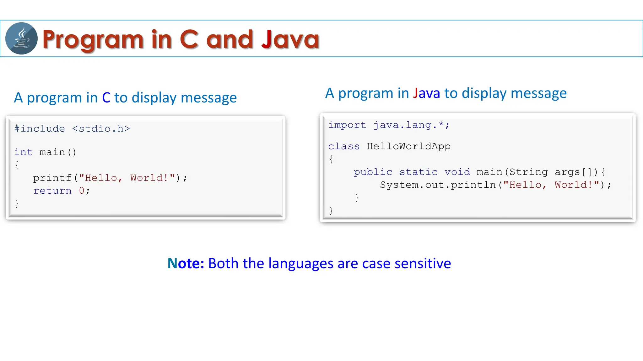 Program in C and Java
#include <stdio.h>
int main()
{
printf("Hello, World!");
return 0;
}
import java.lang.*;
class HelloWorldApp
{
public static void main(String args[]){
System.out.println("Hello, World!");
}
}
A program in C to display message A program in Java to display message
Note: Both the languages are case sensitive
 
