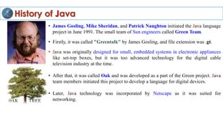 History of Java
• James Gosling, Mike Sheridan, and Patrick Naughton initiated the Java language
project in June 1991. The small team of Sun engineers called Green Team.
• Firstly, it was called "Greentalk" by James Gosling, and file extension was .gt.
• Java was originally designed for small, embedded systems in electronic appliances
like set-top boxes, but it was too advanced technology for the digital cable
television industry at the time.
• After that, it was called Oak and was developed as a part of the Green project. Java
team members initiated this project to develop a language for digital devices.
• Later, Java technology was incorporated by Netscape as it was suited for
networking.
 