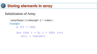 Initialization of Array
<arrayName> [<subscript> ] = <value>;
Example:
x [5] = 100;
for (int i = 0; i < 100; i++)
x[i] = <value>;
Storing elements in array
 